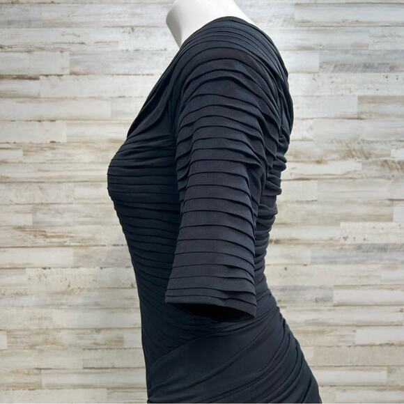 Tadashi Shoji Bandage Mesh Ruched Cocktail Dress Size S Black Asymmetrical Neck - Picture 8 of 16